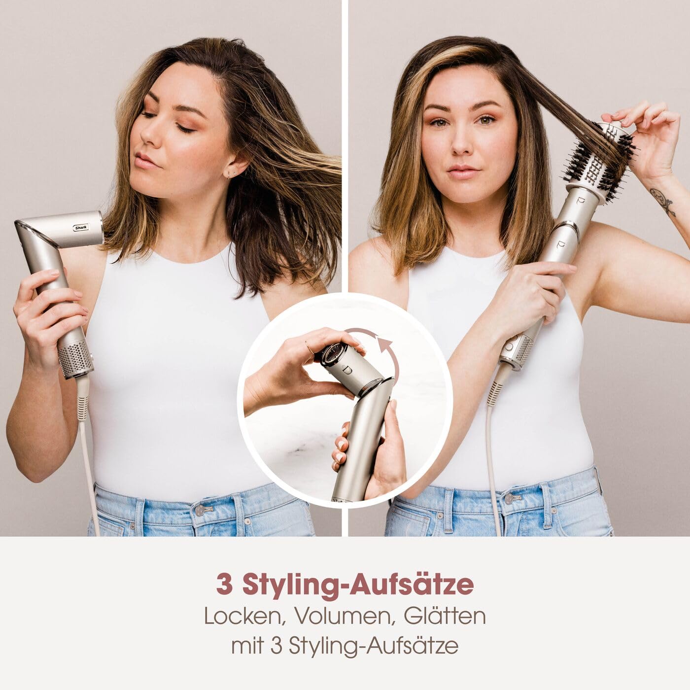 Shark FlexStyle 3-in-1 Luftstyler & Haartrockner – Auto-Wrap Lockenaufsatz, Ovalbürste, Konzentrator, Champagner